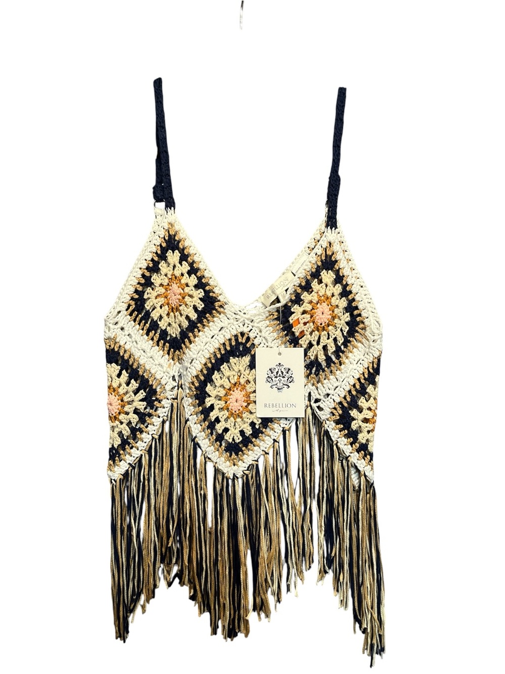 NWT Rebellion Crochet Fringe Camisole - Cream, Navy & Peach Accents